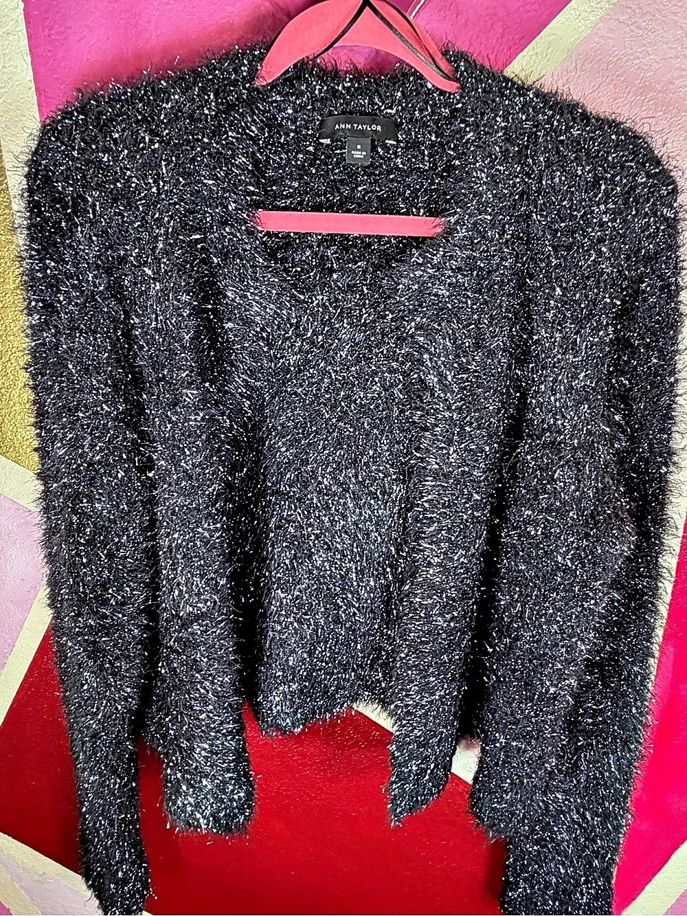 Ann Taylor Black Metallic Tinsel Eyelash V-Neck Sweater Puff Shoulder M
